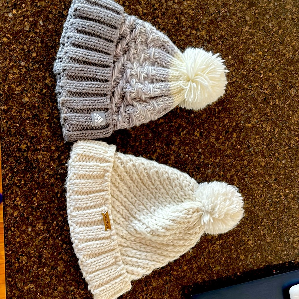 2 Adidas knit hats gray and white